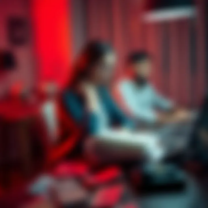 A concerned woman sitting at a table covered with bills, looking stressed while her husband is focused on a sports betting site on a laptop in the background.