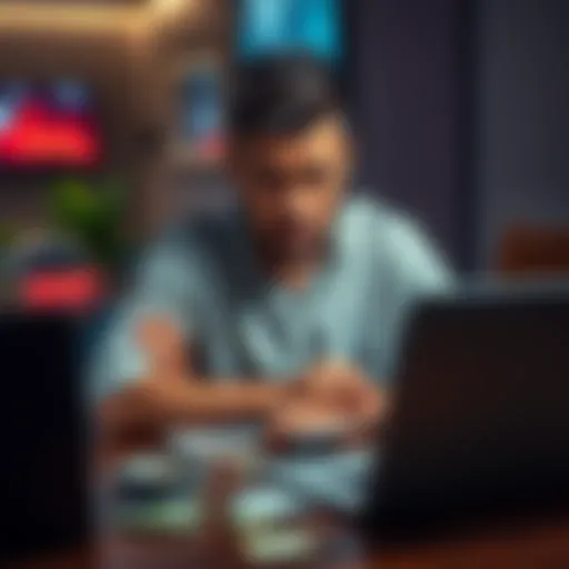 A worried young man sitting at a table with bills and a laptop, visibly stressed about financial losses from gambling.