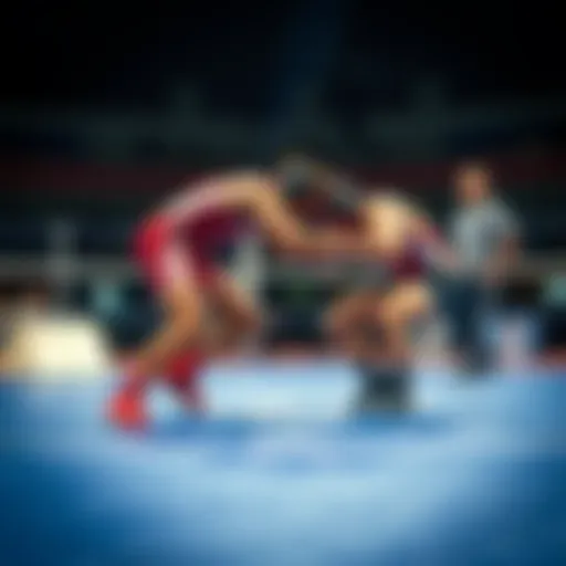 Two wrestlers competing on a mat during a Real American Freestyle match, with the referee observing closely.