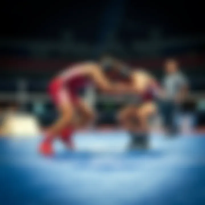 Two wrestlers competing on a mat during a Real American Freestyle match, with the referee observing closely.