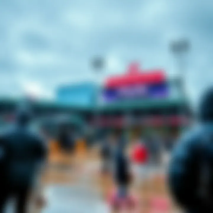 Rainy Weather at Wrigley Overcast skies and rain at Wrigley, with people bundled up against the weather