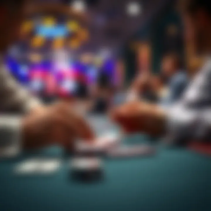 Two poker hands being analyzed with cards laid out on the table and players thinking strategically