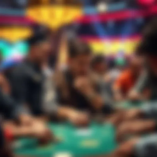 A tense moment at the WSOP featuring a poker table with players focused on their cards, including Daniel Negreanu in a thoughtful pose.