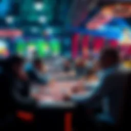 A lively poker tournament with players at tables, focused on their cards, and a commentator discussing the event.