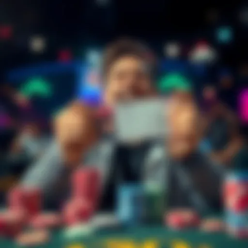 A person celebrating their qualification for the WSOP Main Event, holding a ticket and smiling with excitement, surrounded by poker chips and cards.