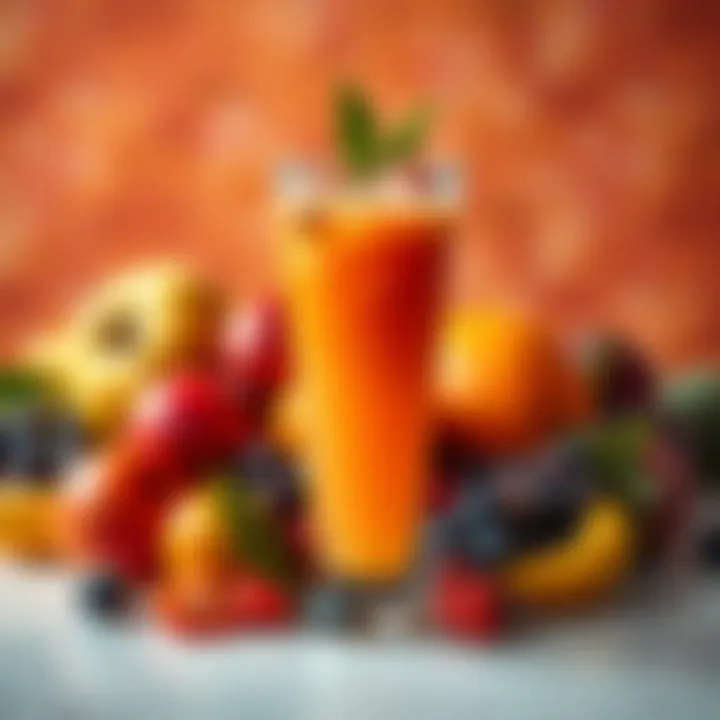 A refreshing glass of Yessirski Juice with colorful fruits around it