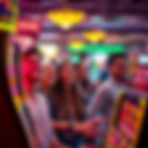 A group of young people laughing and playing slots in a vibrant casino atmosphere
