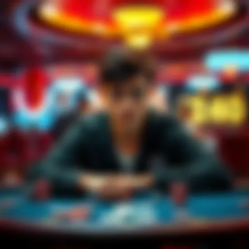 A young person sitting at a casino table with a poker face, surrounded by chips and cards, showing little emotion despite the excitement around them.