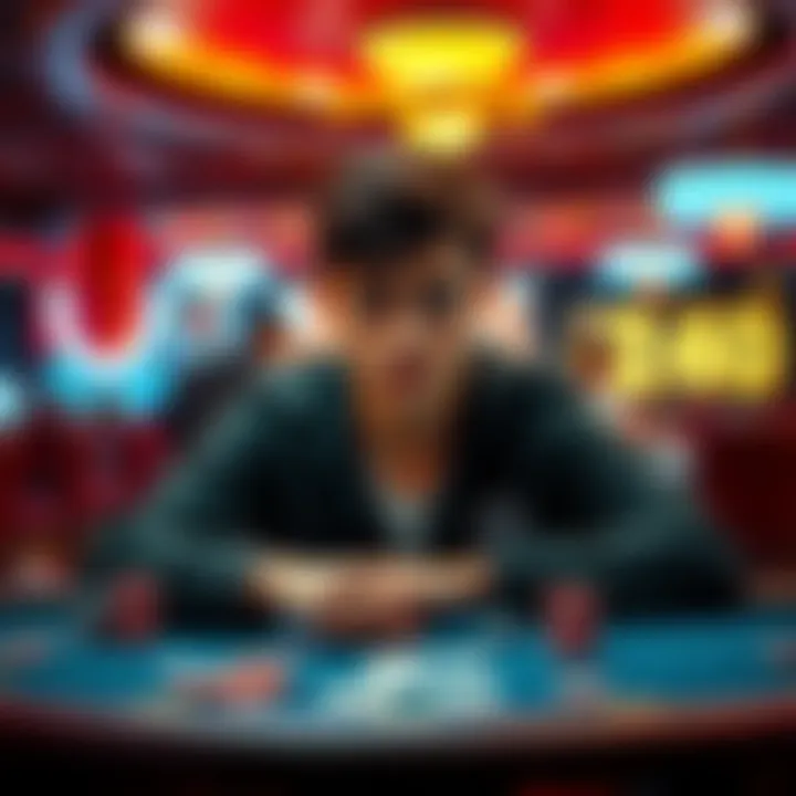 A young person sitting at a casino table with a poker face, surrounded by chips and cards, showing little emotion despite the excitement around them.