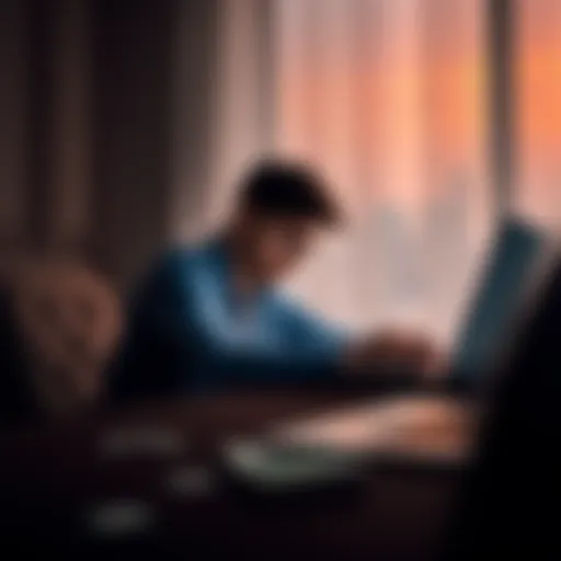 A 22-year-old man sits alone at a table, looking distressed with bills and a laptop open, symbolizing his struggle with gambling addiction.