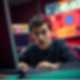 A 23-year-old man sitting in front of a computer screen, looking stunned and worried as he reflects on his online gambling experience.