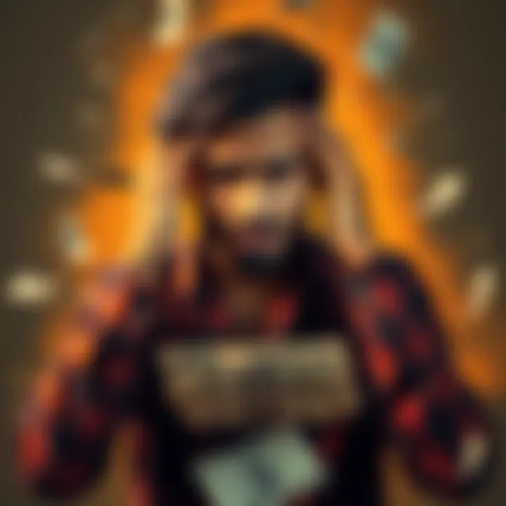 Young Indian Man Struggling with Debt A 24-year-old Indian man looks worried while holding his head in his hands, surrounded by papers and bills, symbolizing his financial challenges.