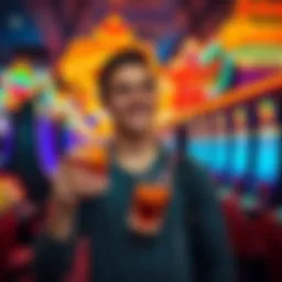 A young man with a big smile holding a drink in a lively Las Vegas casino, surrounded by colorful lights and slot machines, celebrating his 21st birthday.