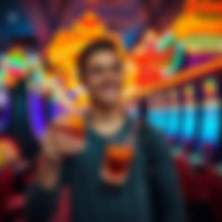 A young man with a big smile holding a drink in a lively Las Vegas casino, surrounded by colorful lights and slot machines, celebrating his 21st birthday.