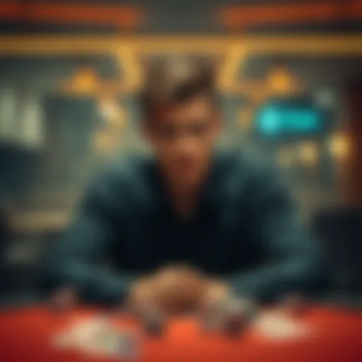 A 24-year-old man sitting at a table with poker chips and cards, looking worried as he considers his future in poker after a bad loss.