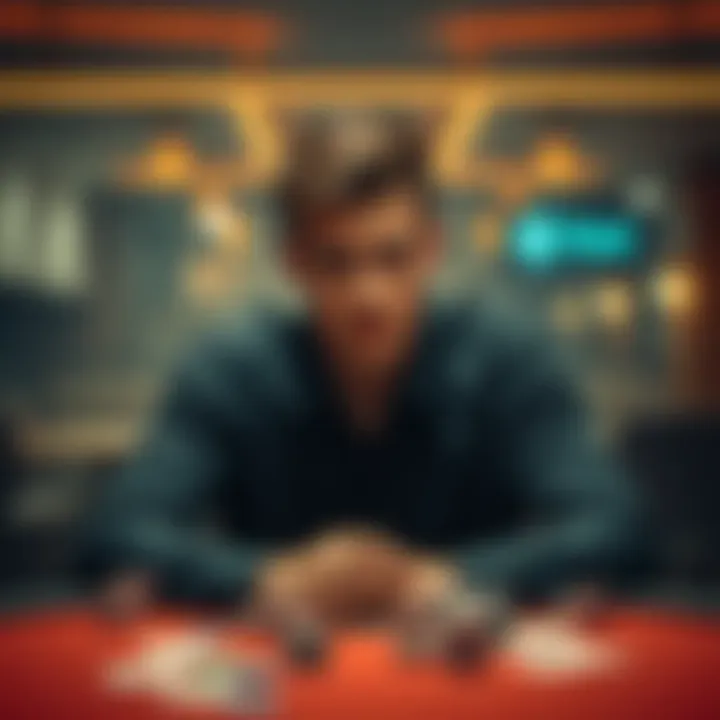 Young man contemplating decisions A 24-year-old man sitting at a table with poker chips and cards, looking worried as he considers his future in poker after a bad loss.
