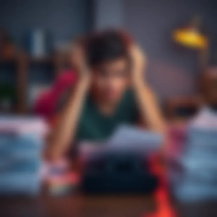 Young man stressed about debt A worried young man sitting at a table, looking at bills and a game console, surrounded by stacks of paperwork