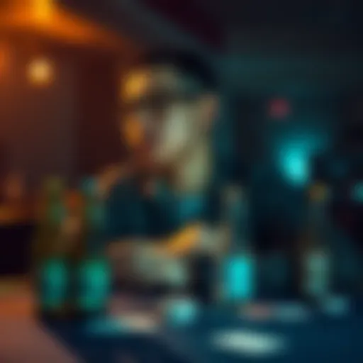 A 21-year-old man sits by a table with empty bottles and playing cards, looking worried and upset after losing money gambling.