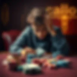 A 21-year-old man sits alone at a table with his head in his hands, surrounded by playing cards and gaming chips, reflecting on his gambling losses.