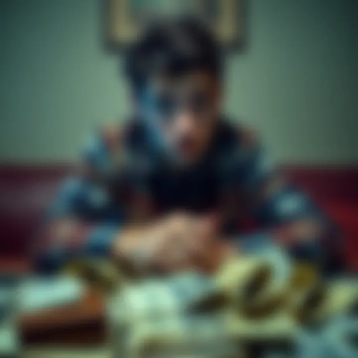 A 20-year-old man sitting with a worried expression, surrounded by bills and empty wallets, showing signs of frustration over his financial situation.