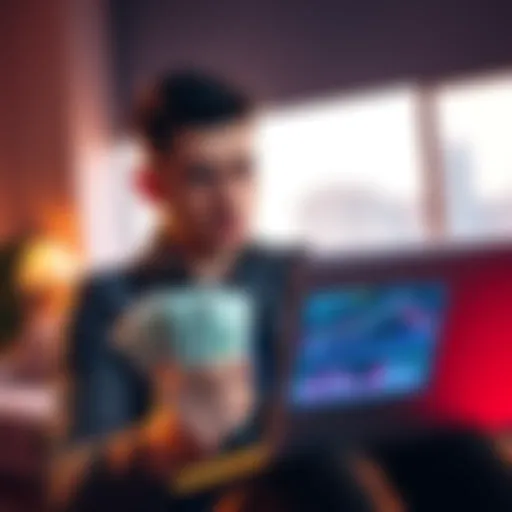 A 27-year-old man looks worried while holding bills and a laptop showing cryptocurrency charts, symbolizing his financial challenges after losing money in crypto.
