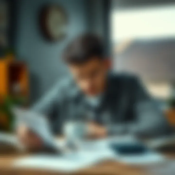 A worried young man sitting at a table with bills and a calculator, looking stressed about his finances and caring for his child.