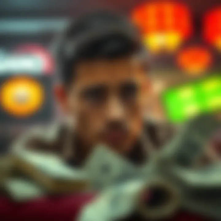 A young man looks worried while surrounded by bills and paperwork, symbolizing gambling addiction and financial struggle.