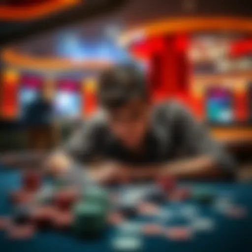 A young man, looking distressed, sits at a casino table surrounded by chips and cards, symbolizing the struggle of gambling addiction.
