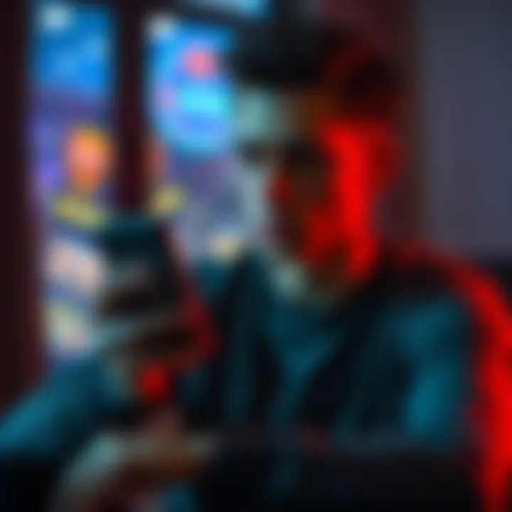 A 20-year-old man looks pensive while holding a smartphone with gambling games on the screen, showing concern on his face, sitting in a quiet room.