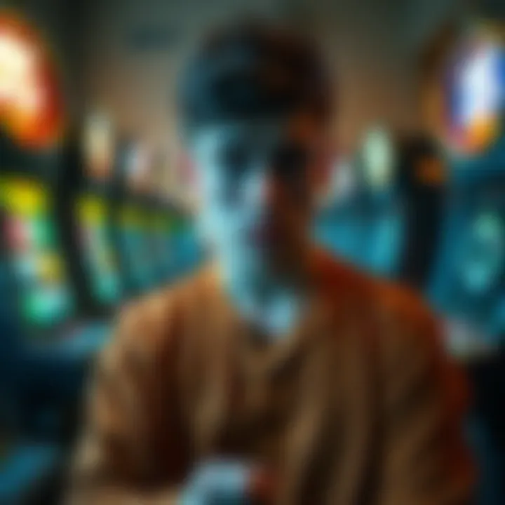 An 18-year-old man looks worried and distressed, surrounded by empty gaming machines and crumpled bills, reflecting on his gambling losses.