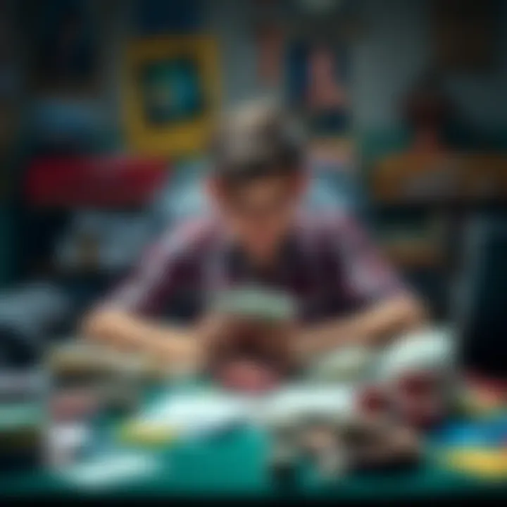 An 18-year-old sits at a cluttered table, looking stressed and worried as he examines bills and gambling paraphernalia, symbolizing his struggle with a gambling problem