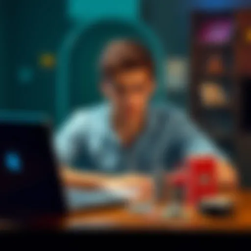 A young Australian man looks worried while sitting at a table with a laptop and gambling-related items, symbolizing his struggle with addiction.