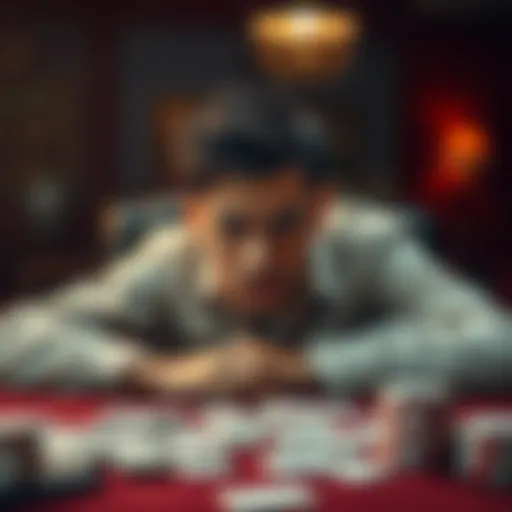 A 22-year-old man looks distressed while sitting at a table with scattered playing cards and bills, reflecting his struggle with gambling addiction and financial loss.