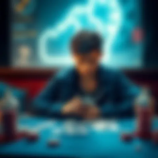 A young man looks troubled and lost, sitting at a table with gambling cards and empty money containers, showing signs of despair.