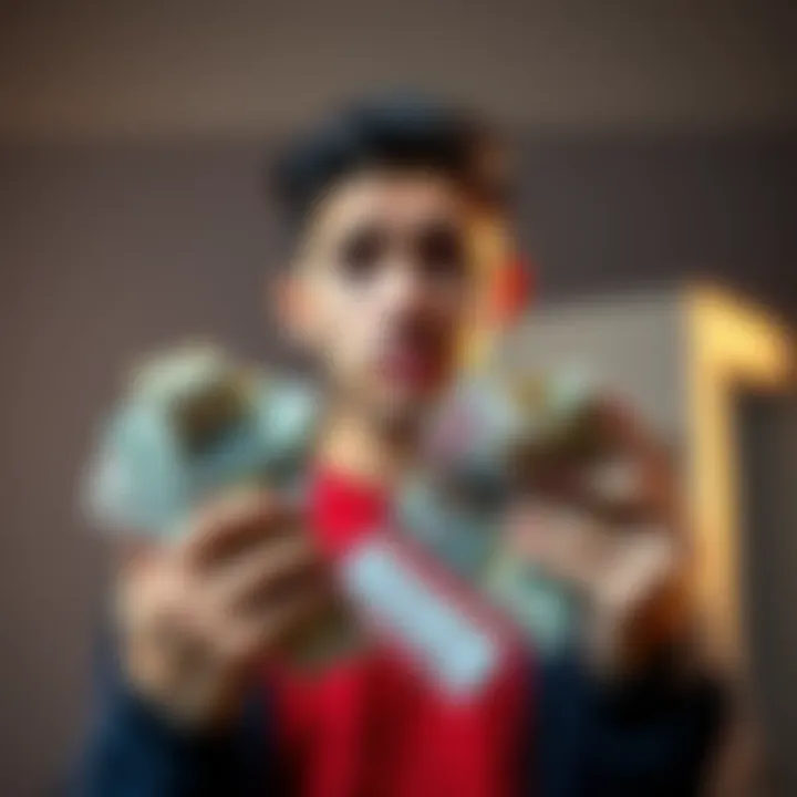 A 21-year-old man looking worried while holding bills and lottery tickets, symbolizing his gambling addiction.