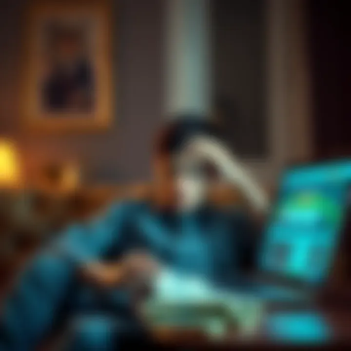 Young man stressed about gambling debts An 18-year-old man looks distressed, sitting alone with a stack of bills and a laptop open showing a gambling site
