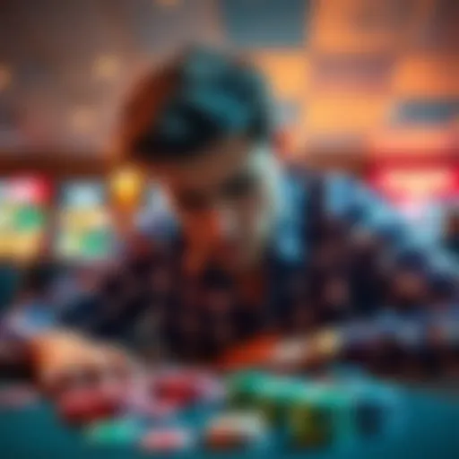 A 24-year-old man looking worried while sitting at a table with gambling chips scattered around.