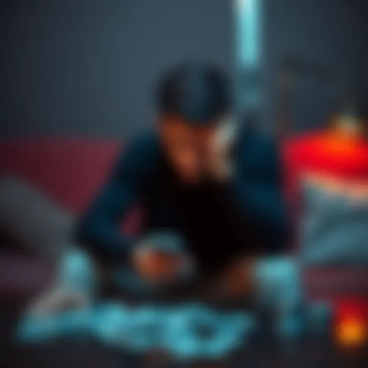 A young man sits on a couch, looking worried as he holds his head in his hands, with a phone and money on the table next to him.