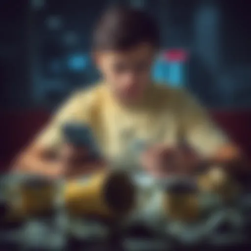 A young man looks worried while checking his gambling accounts on a phone, surrounded by crumpled bills and empty coffee cups, illustrating his financial struggle.