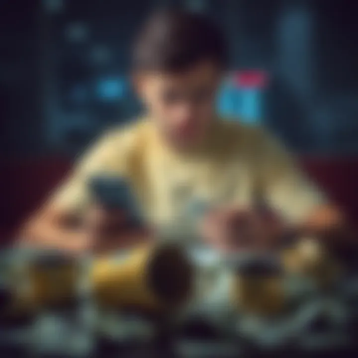 A young man looks worried while checking his gambling accounts on a phone, surrounded by crumpled bills and empty coffee cups, illustrating his financial struggle.