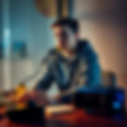 A 25-year-old man reflecting on his journey to overcome gaming addiction and debt, looking determined while sitting at a desk with personal items scattered around.