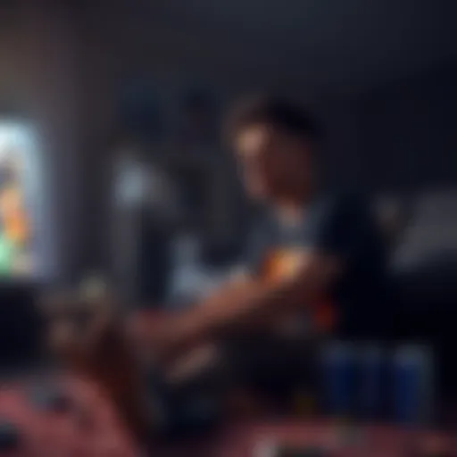 Young man struggling with gaming addiction A 23-year-old man sits alone in a dimly lit room, looking stressed while playing a video game. Empty snack wrappers and energy drinks are scattered around, reflecting his struggles with addiction and ...