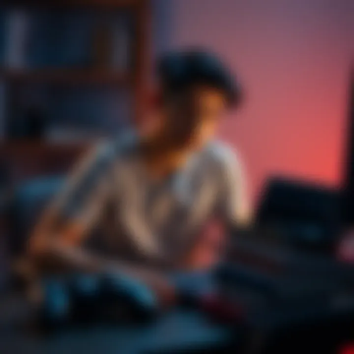 A 21-year-old man sits at a desk, looking thoughtfully at a gaming console and a stack of textbooks, symbolizing the balance between gaming and education.