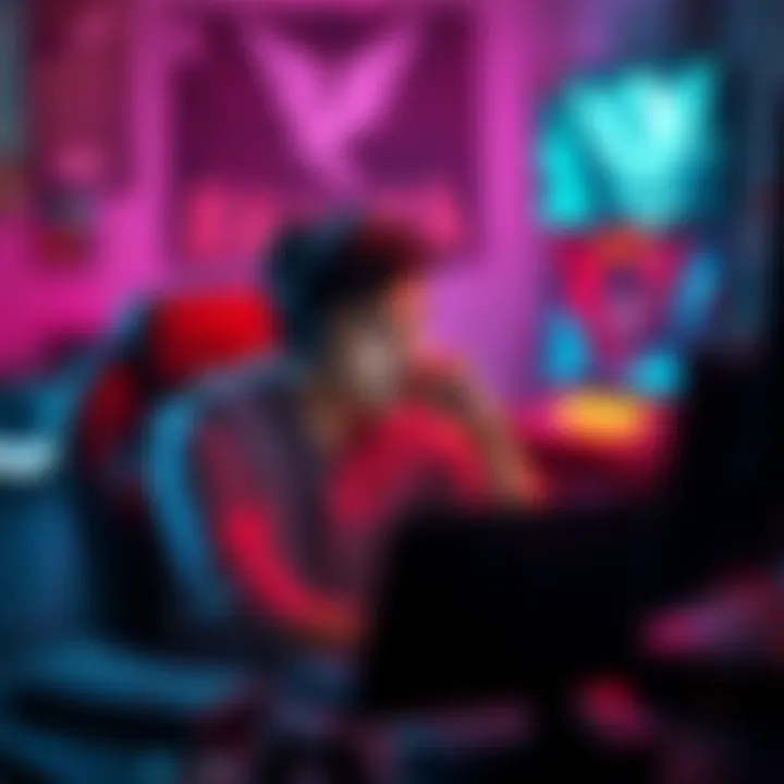 A 19-year-old man sitting at a computer, looking worried and thoughtful as he reflects on his online gaming losses and debt, surrounded by gaming paraphernalia.