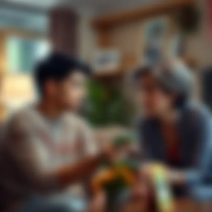 A concerned young man speaks with his mother about her scratch card addiction, both looking worried in a cozy living room.