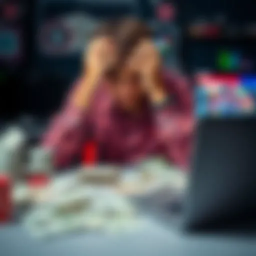 A young man sitting at a desk with his head in his hands, surrounded by bills and a laptop, showing signs of stress from online gambling addiction.