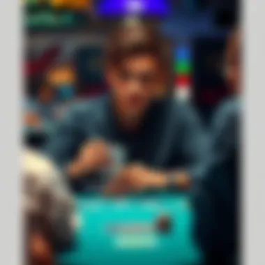 Young man playing poker A young man sitting at a poker table with a focused expression, cards in hand, surrounded by chips and other players, visibly showing a mix of excitement and tension.