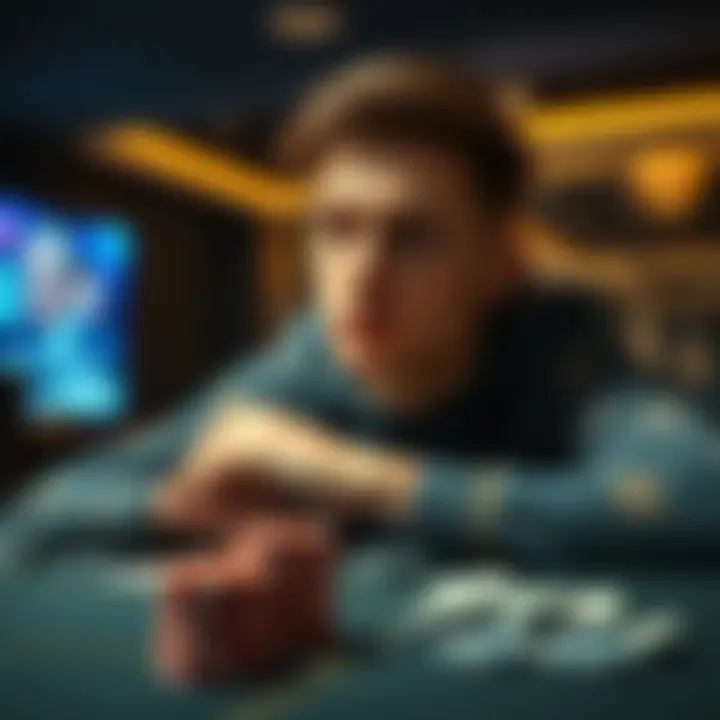 Young Man Considering Poker Career A 22-year-old man looks thoughtfully at a poker table with cards and chips, pondering a career change from software development to professional poker playing.