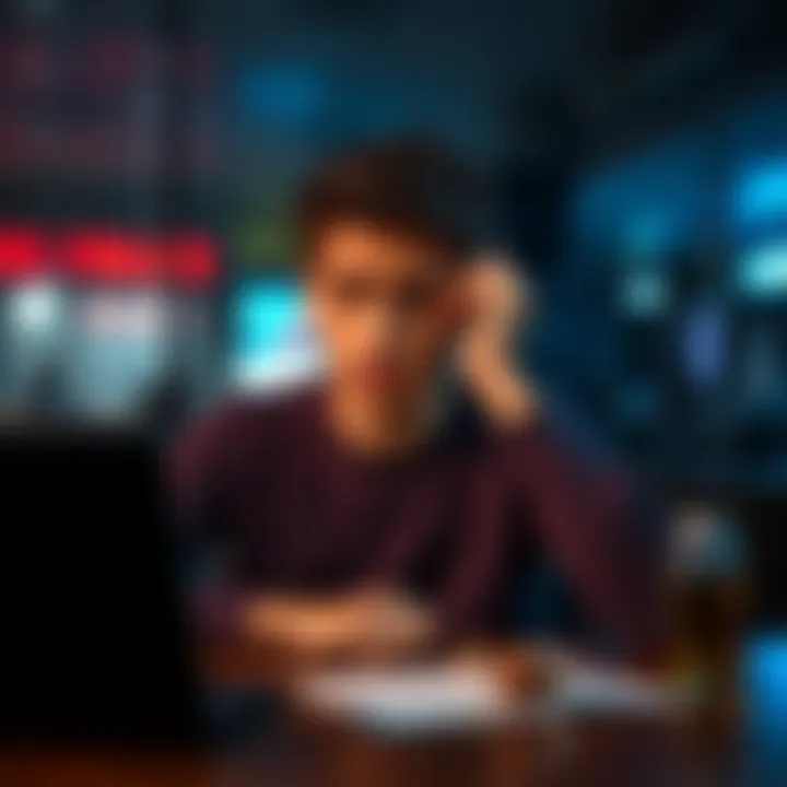 A 21-year-old man sits alone at a table with a worried expression, contemplating his losses from online betting