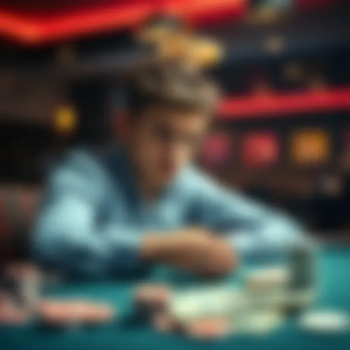 A young man appears thoughtful and sad, sitting at a table with empty poker chips and a stack of bills, symbolizing his gambling losses